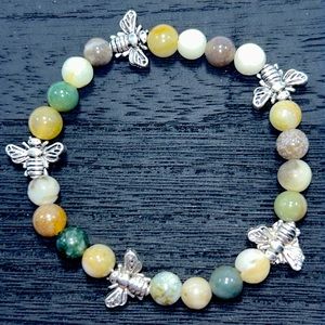 Handmade Bumble Bee Charm Bracelet with Natural Indian Agate Stones!